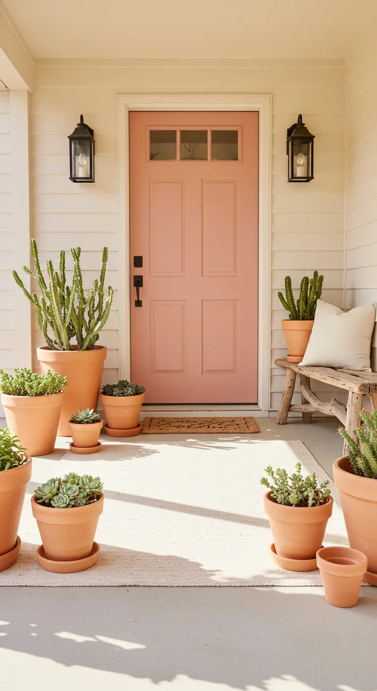 Entrada acogedora con puerta rosa pastel, un banco de madera rústico y muchas macetas de terracota
