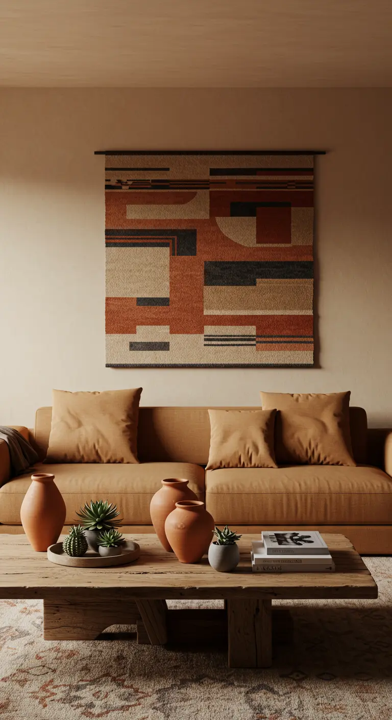 Sala de estar con tapiz geométrico en la pared, sofá camel y cerámica terracota.