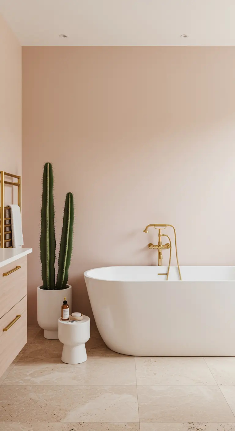 Baño minimalista con paredes rosa pálido, bañera blanca y grifería dorada.