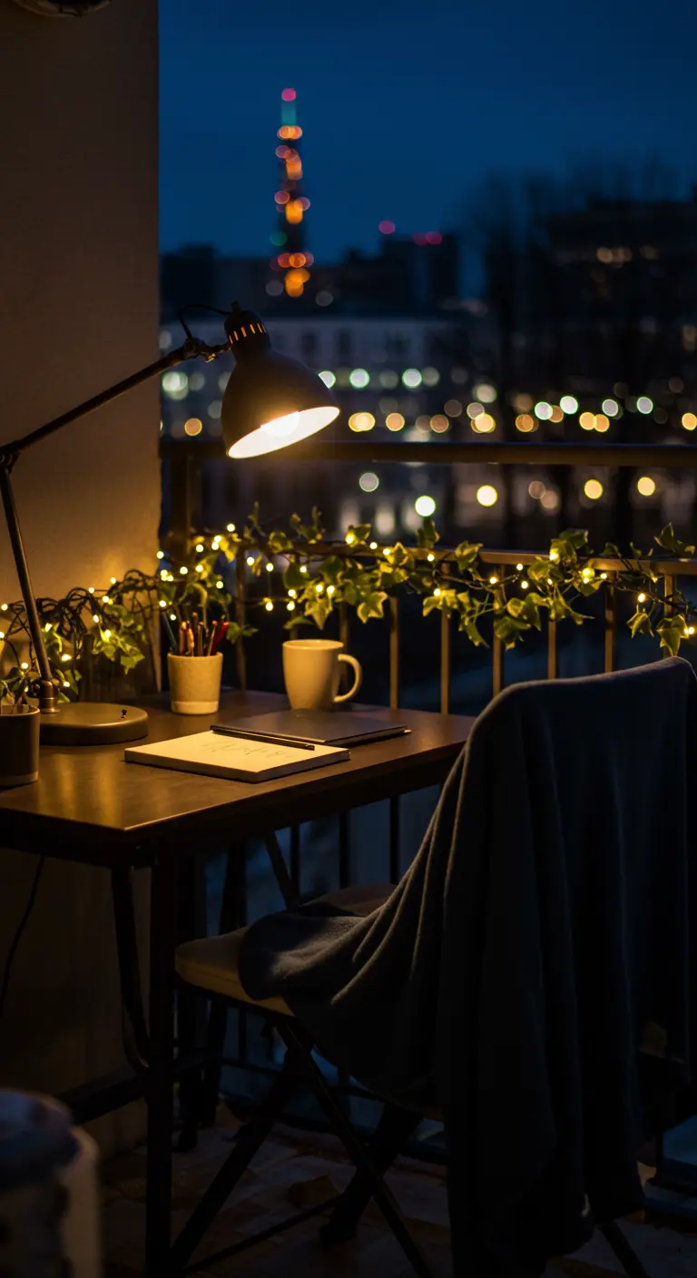 Oficina en balcón de noche con lámpara, guirnalda de luces y vistas a la ciudad.