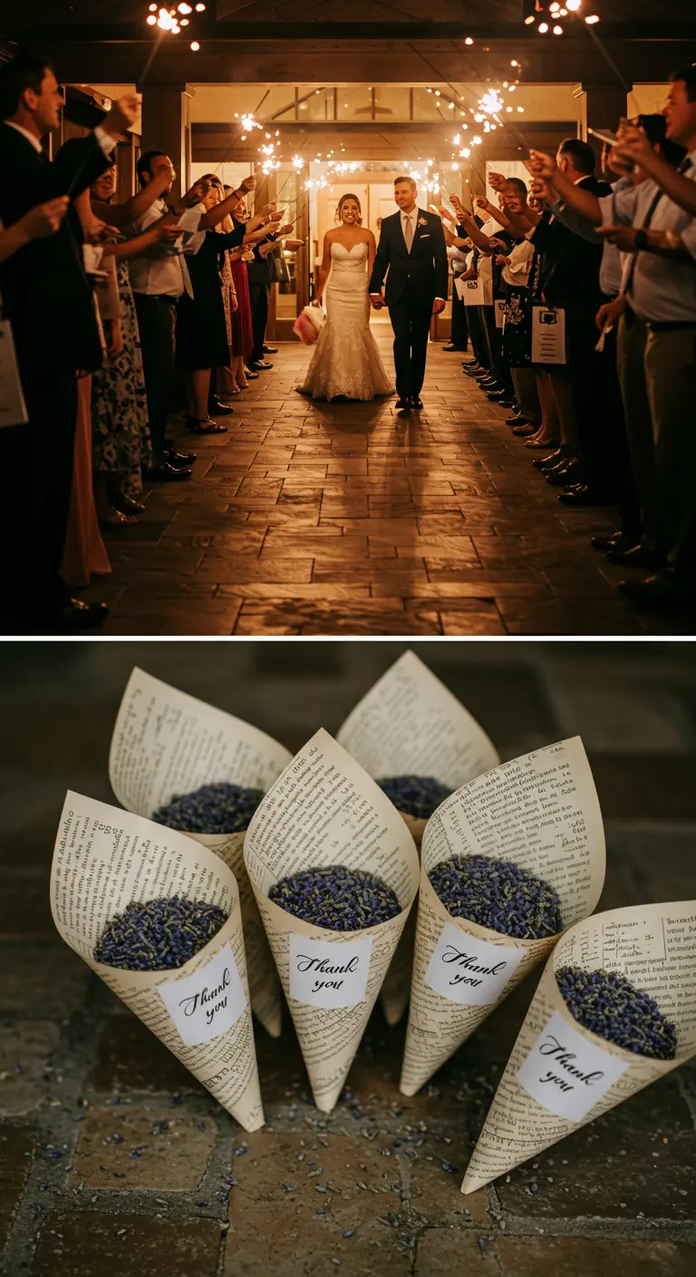 Conos de confeti hechos con páginas de libros y llenos de lavanda seca.