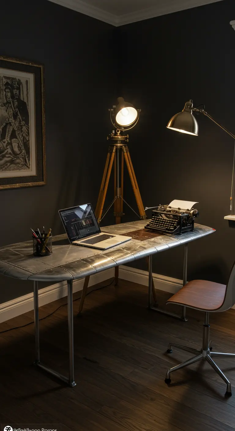 Escritorio con superficie de metal remachado, estilo ala de avión, en una oficina oscura y elegante.