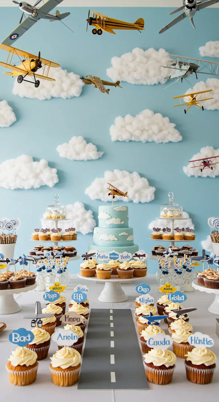 Fiesta de cumpleaños de aviador con un fondo de cielo azul y nubes.