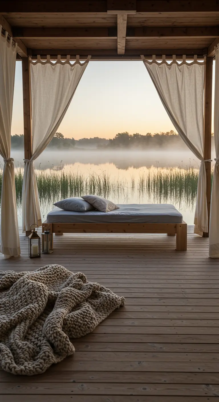 Cama de madera con cortinas de lino en un porche de madera con vistas a un lago neblinoso.