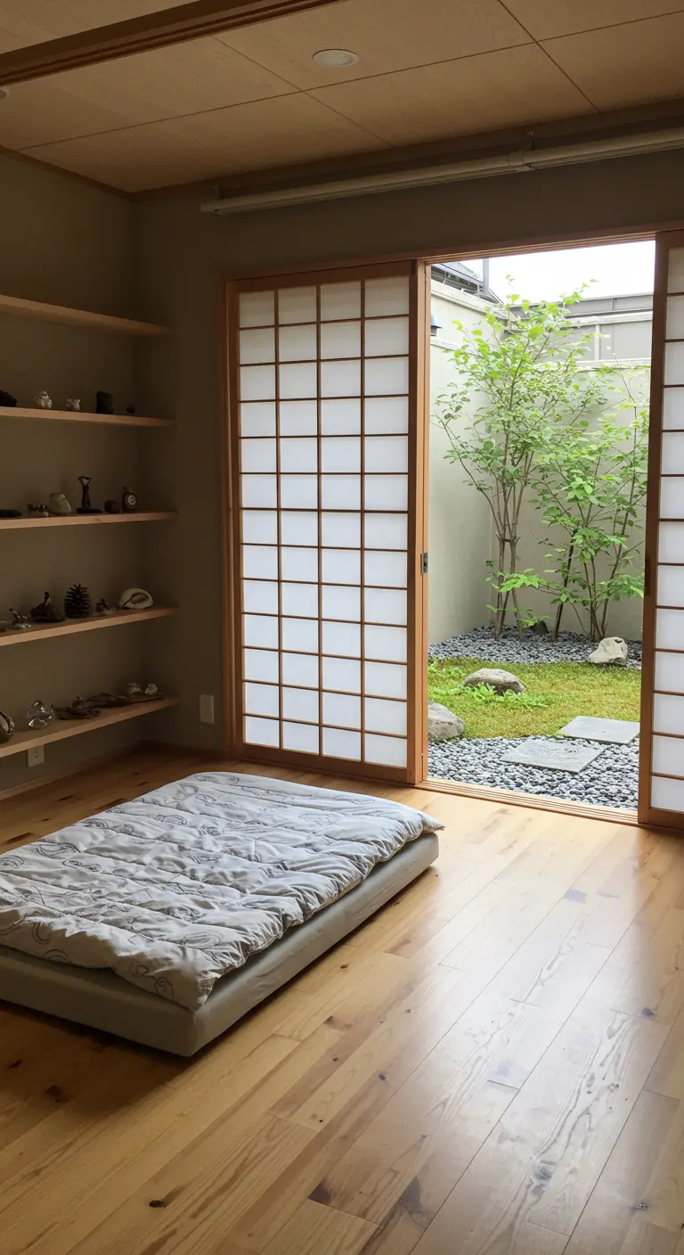Dormitorio minimalista con futón en el suelo y puertas correderas a un jardín zen.