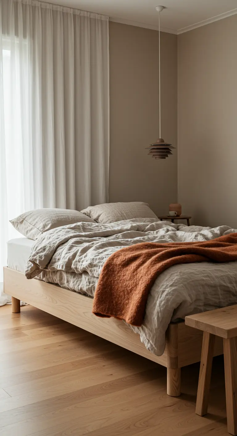 Dormitorio minimalista sueco con cama de madera, ropa de cama de lino y manta color teja