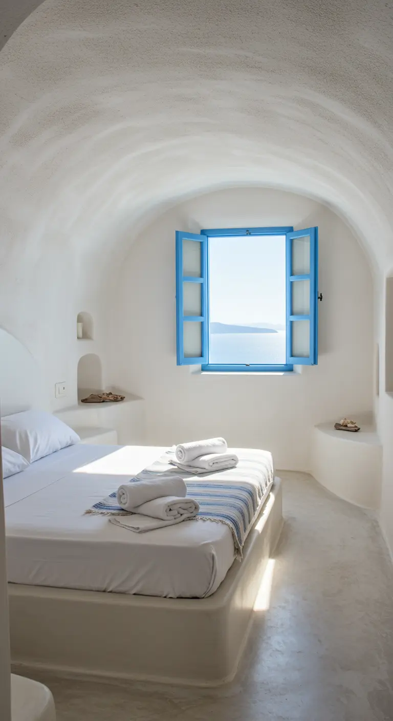 Dormitorio minimalista blanco con paredes curvas y una ventana azul brillante con vistas al mar.