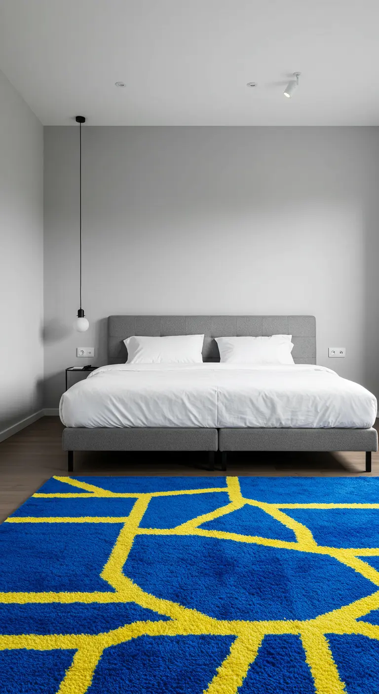Dormitorio minimalista gris con una vibrante alfombra azul y amarilla a los pies de la cama.