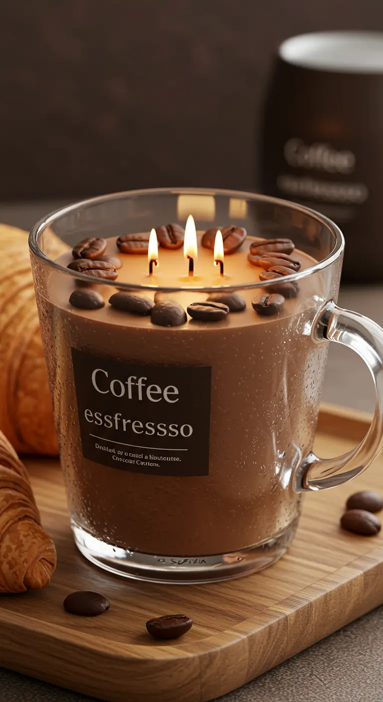 Vela con aroma a café en una taza de cristal transparente, decorada con granos de café