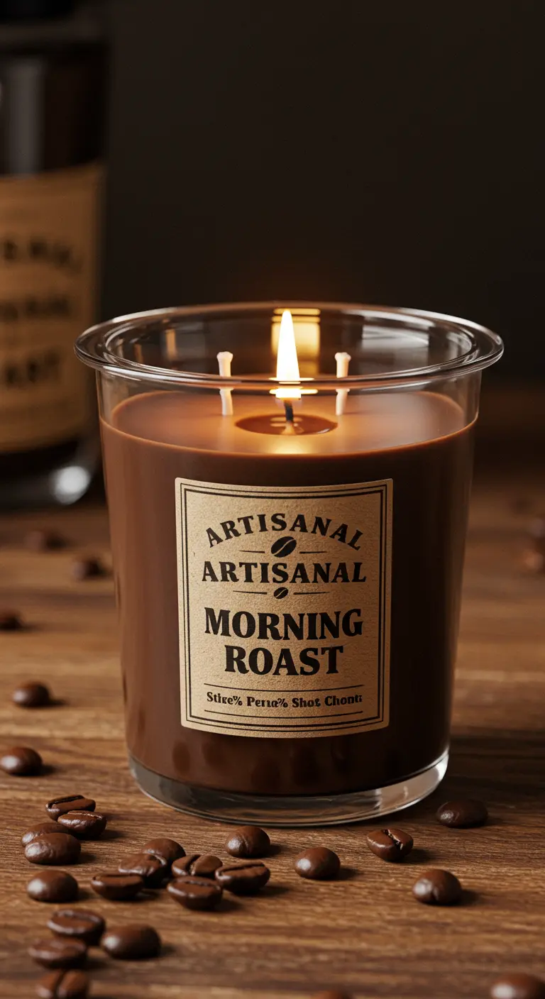 Vela de cera marrón oscuro con aroma a café, etiqueta artesanal y granos de café esparcidos alrededor.