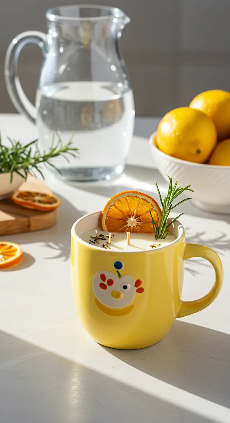 Vela de cera de soya en una taza amarilla, decorada con naranja y romero