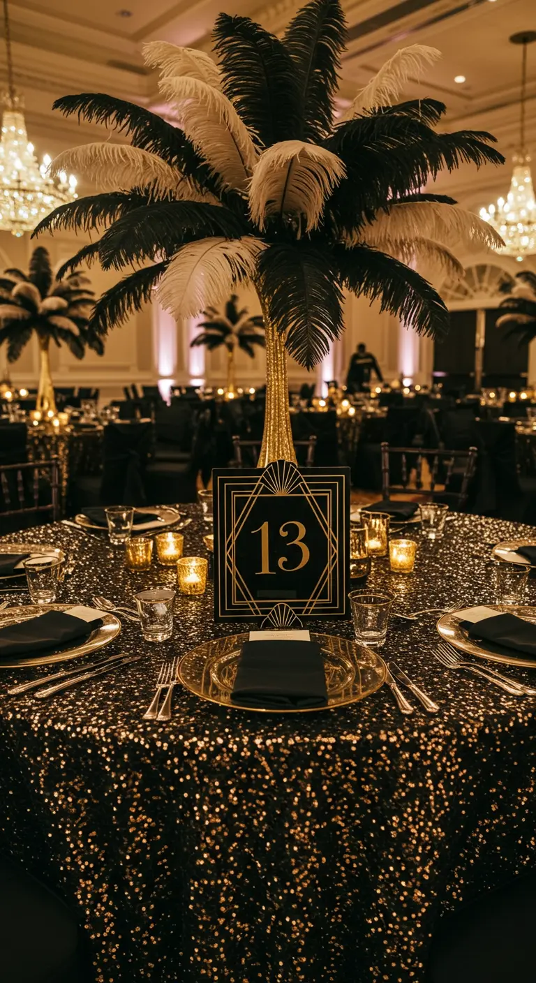Número de mesa Art Déco en negro y dorado sobre un mantel de lentejuelas.