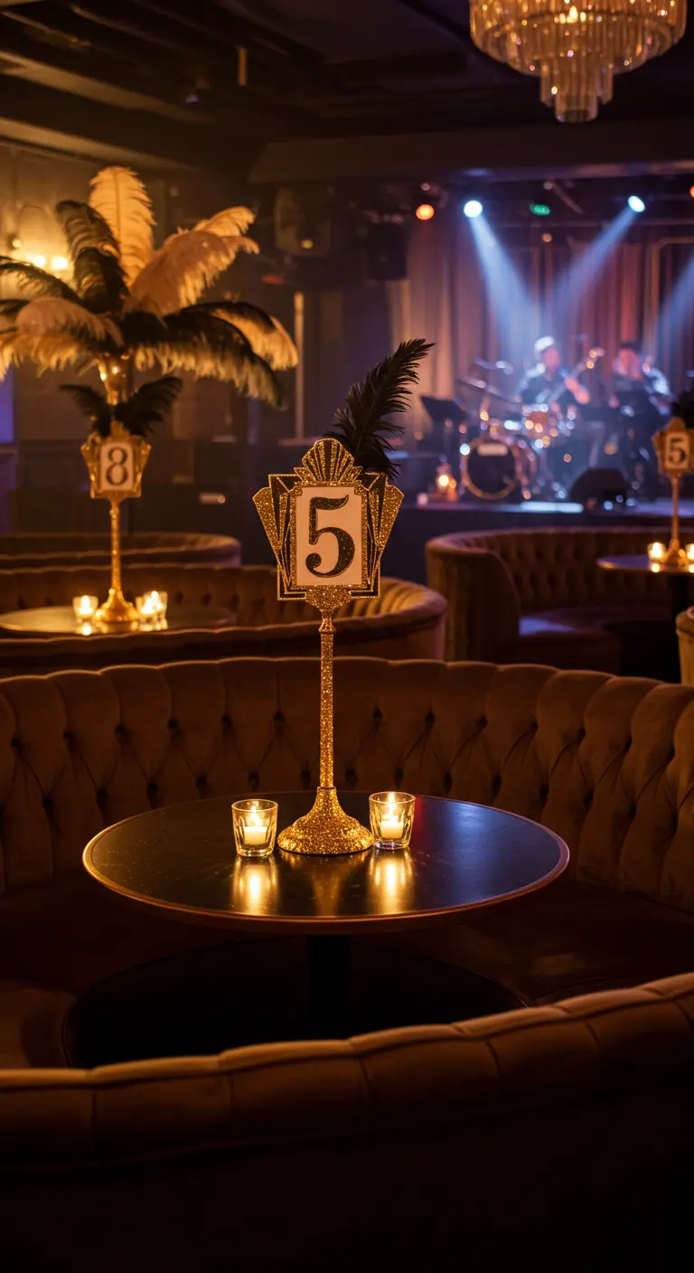 Número de mesa estilo Art Déco con glitter dorado y plumas en un club con luz tenue.