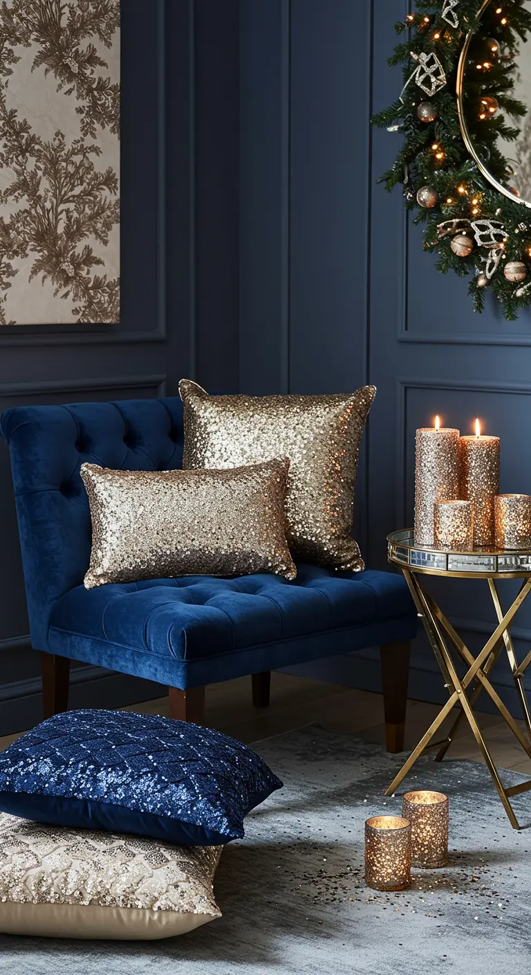 Sillón de terciopelo azul con cojines de lentejuelas doradas y velas brillantes.