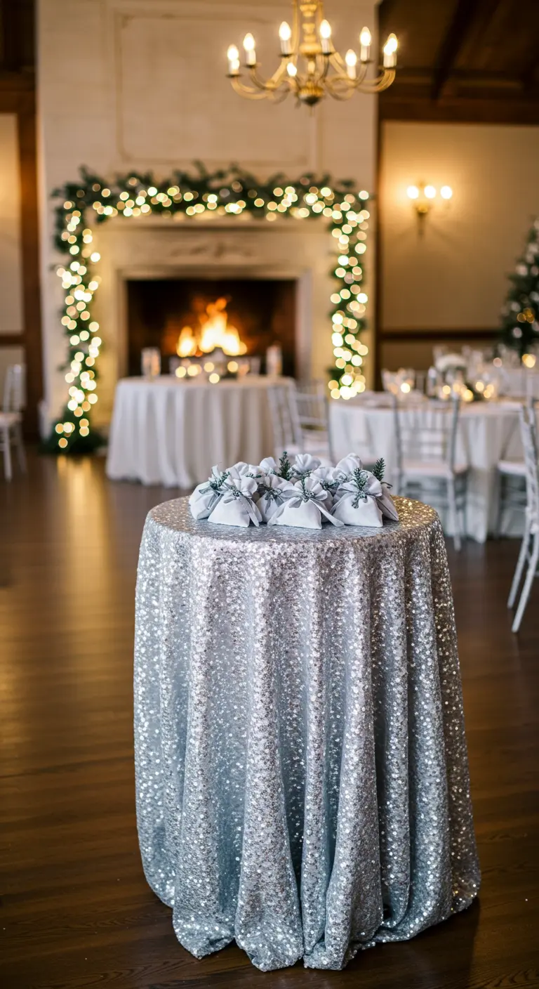 Mesa de cóctel con mantel de lentejuelas plateadas y bolsitas de lavanda grises.