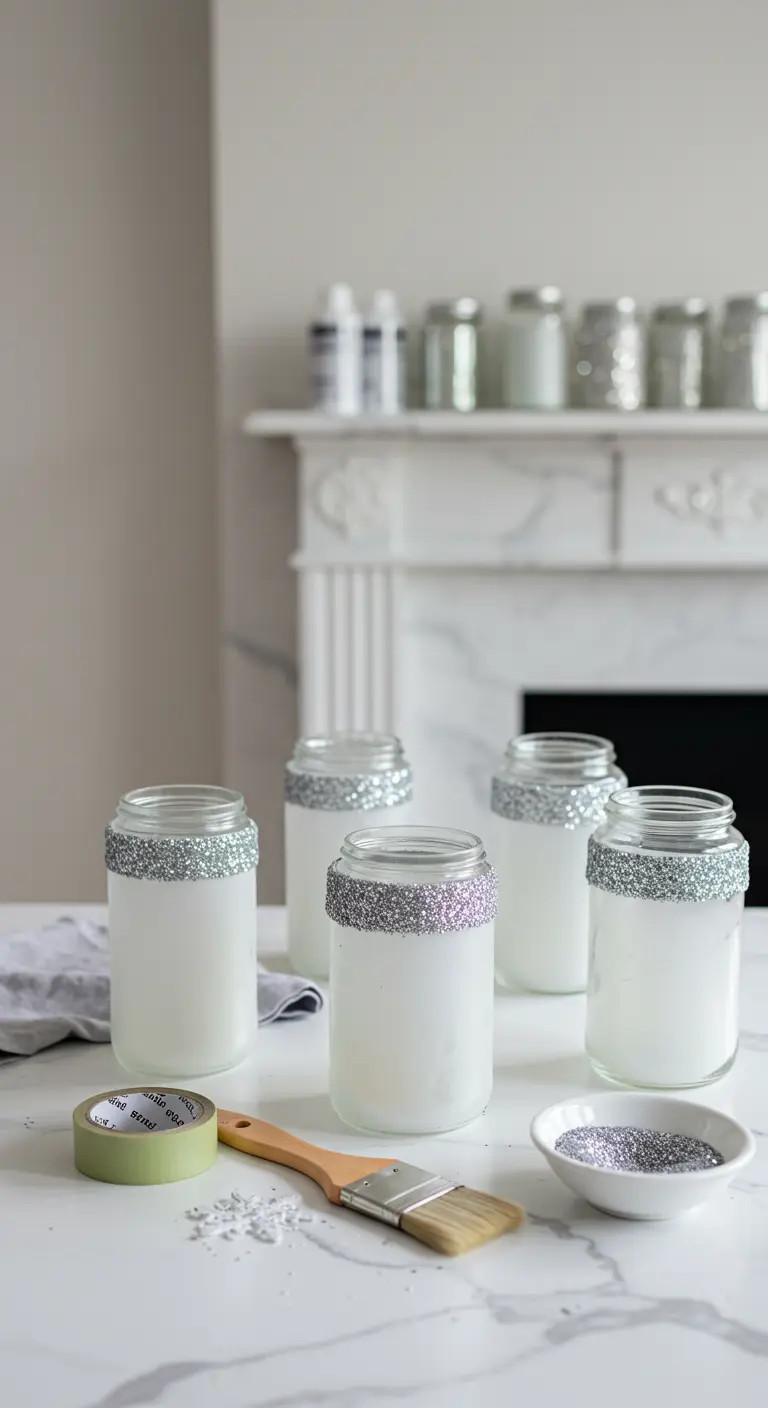 Frascos de vidrio pintados de blanco con el borde superior cubierto de purpurina plateada.