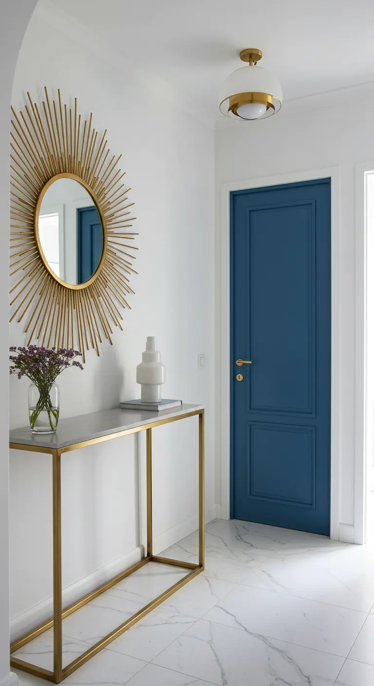 Entrada con espejo sol dorado, consola dorada y mármol, y puerta azul oscuro.