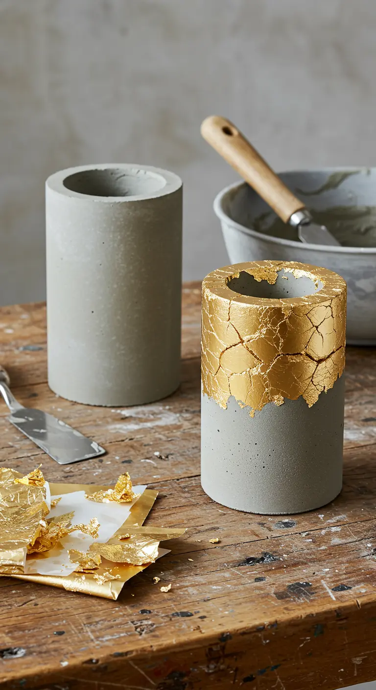 Portavelas cilíndrico de cemento decorado con pan de oro en el borde.