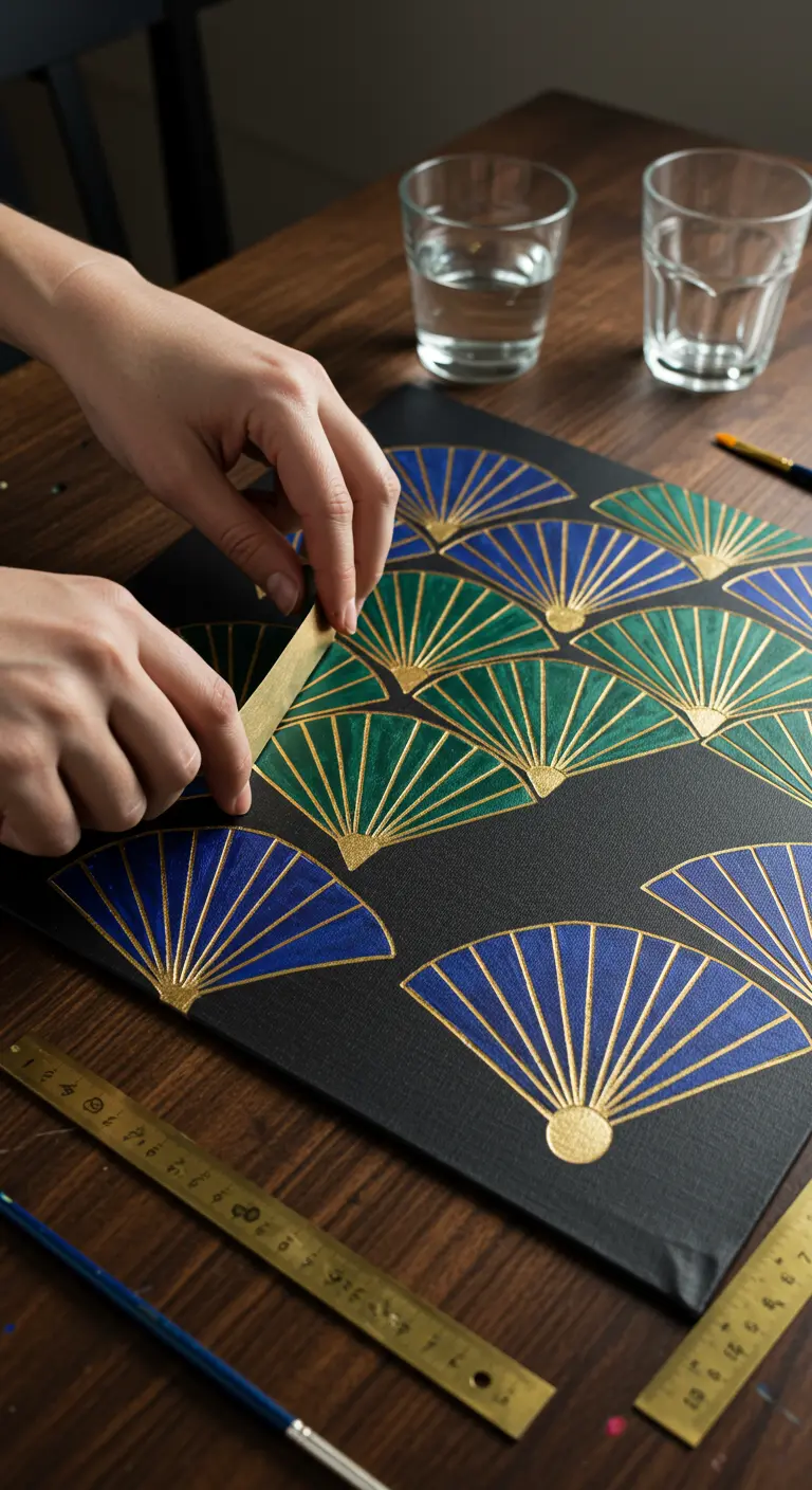 Manos aplicando cinta dorada sobre un lienzo negro para crear un patrón de abanicos verdes y azules.