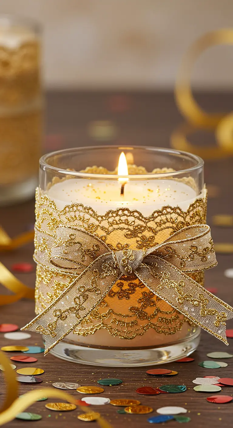 Vela de fiesta en un vaso decorado con encaje y un gran lazo dorado brillante.