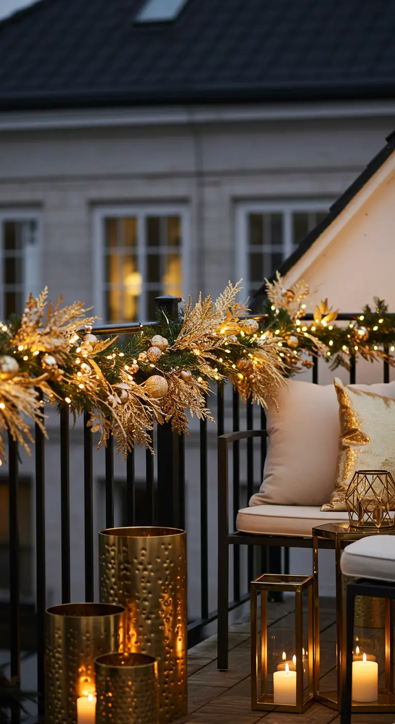 Balcón elegante con guirnalda dorada, adornos brillantes y farolillos metálicos dorados.