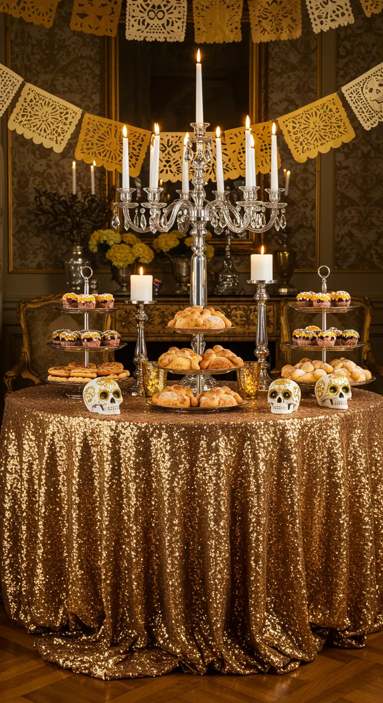 Mesa de dulces con mantel de lentejuelas doradas, candelabros de plata y calaveras.
