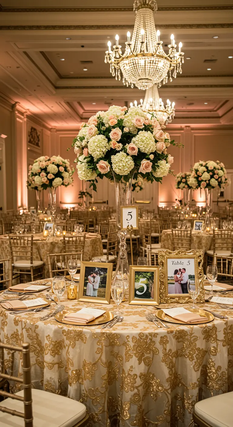 Elegante mesa de boda dorada con un gran centro floral y fotos de la pareja en marcos ornamentados.