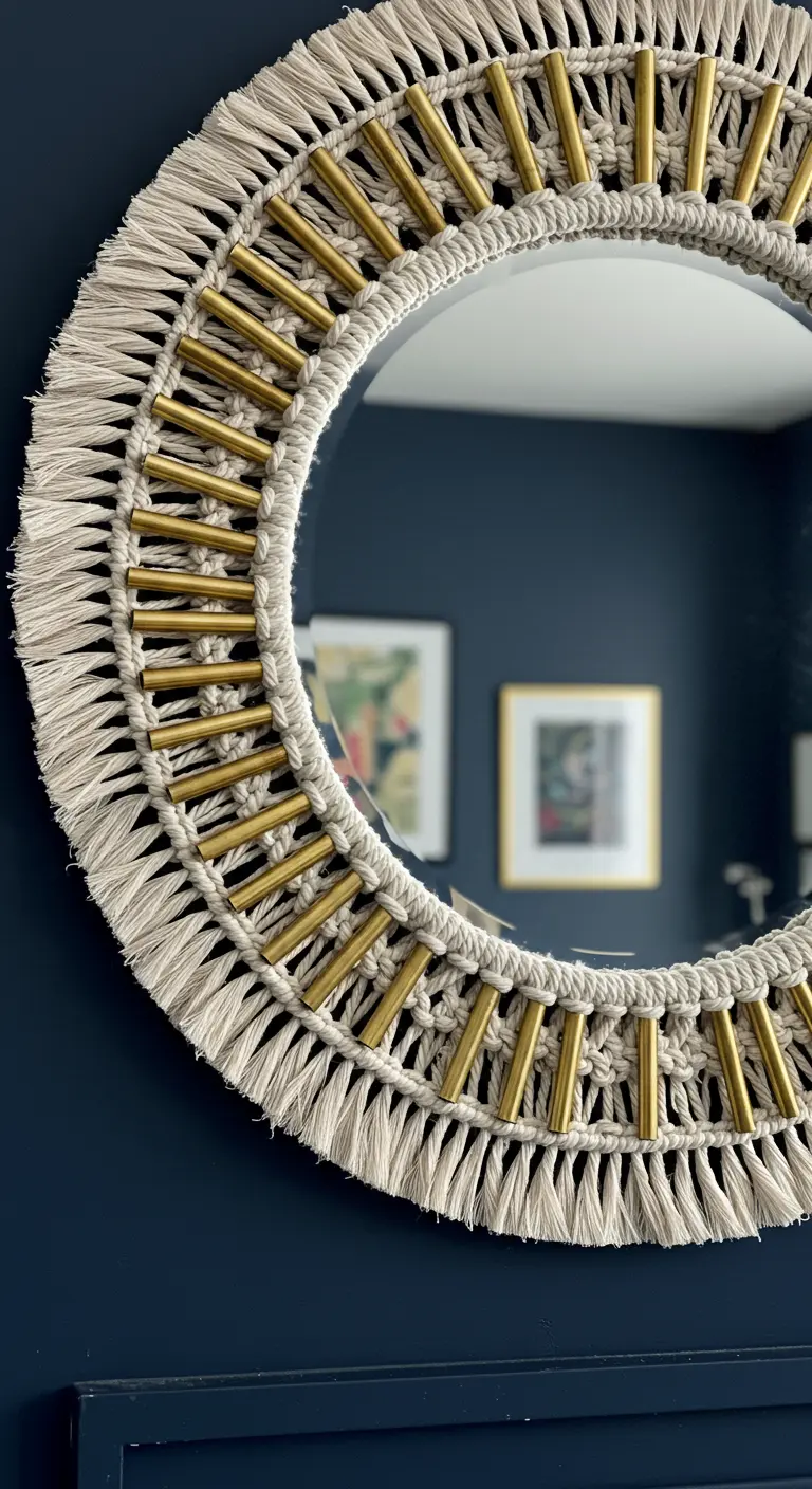 Detalle de un espejo de macramé crudo con tubos dorados insertados en el diseño.