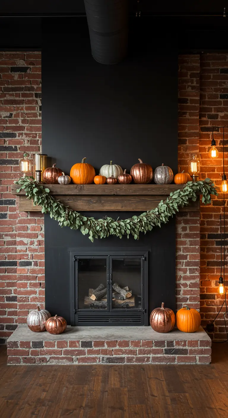 Chimenea industrial con pared de ladrillo, calabazas metálicas y naranjas, y bombillas Edison.