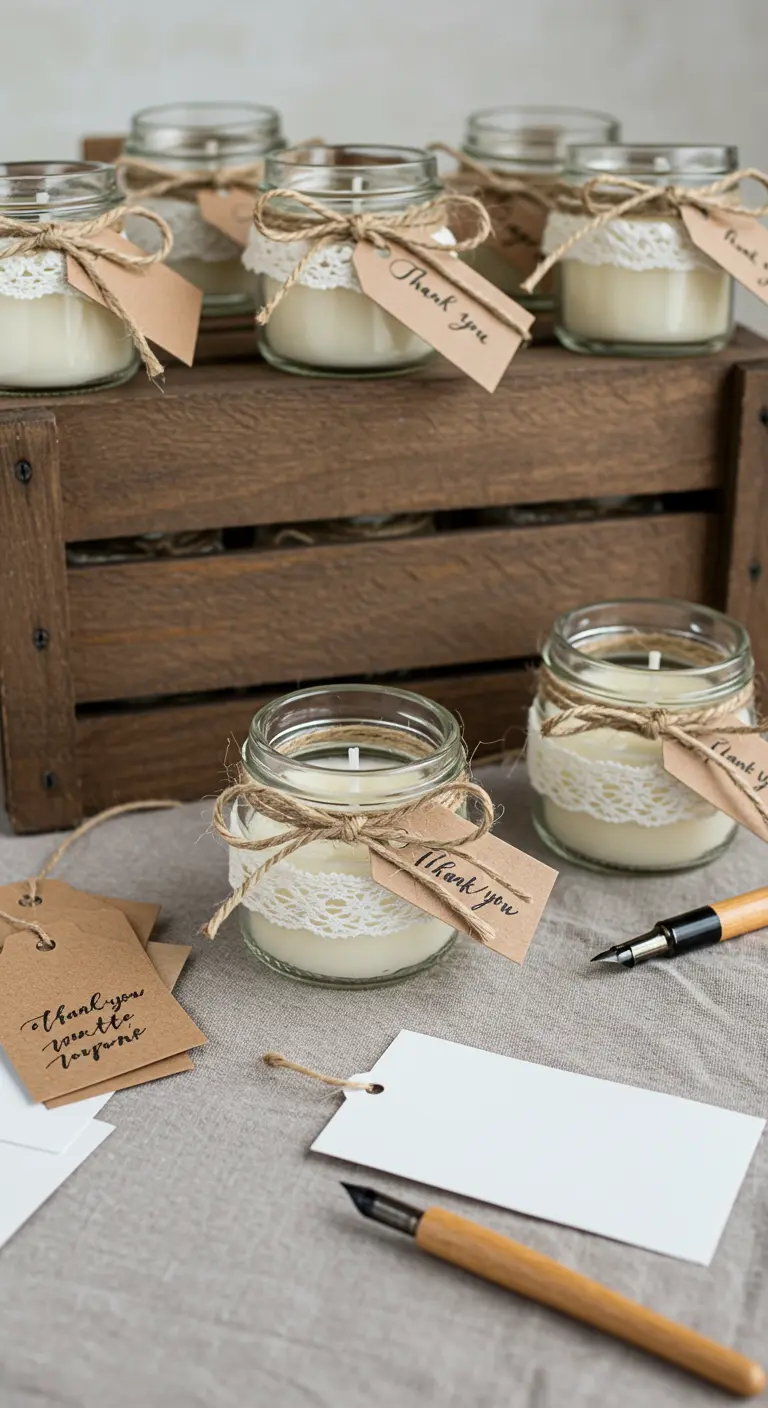 Pequeñas velas en frasco con encaje y etiquetas de agradecimiento, listas como recuerdos de evento.