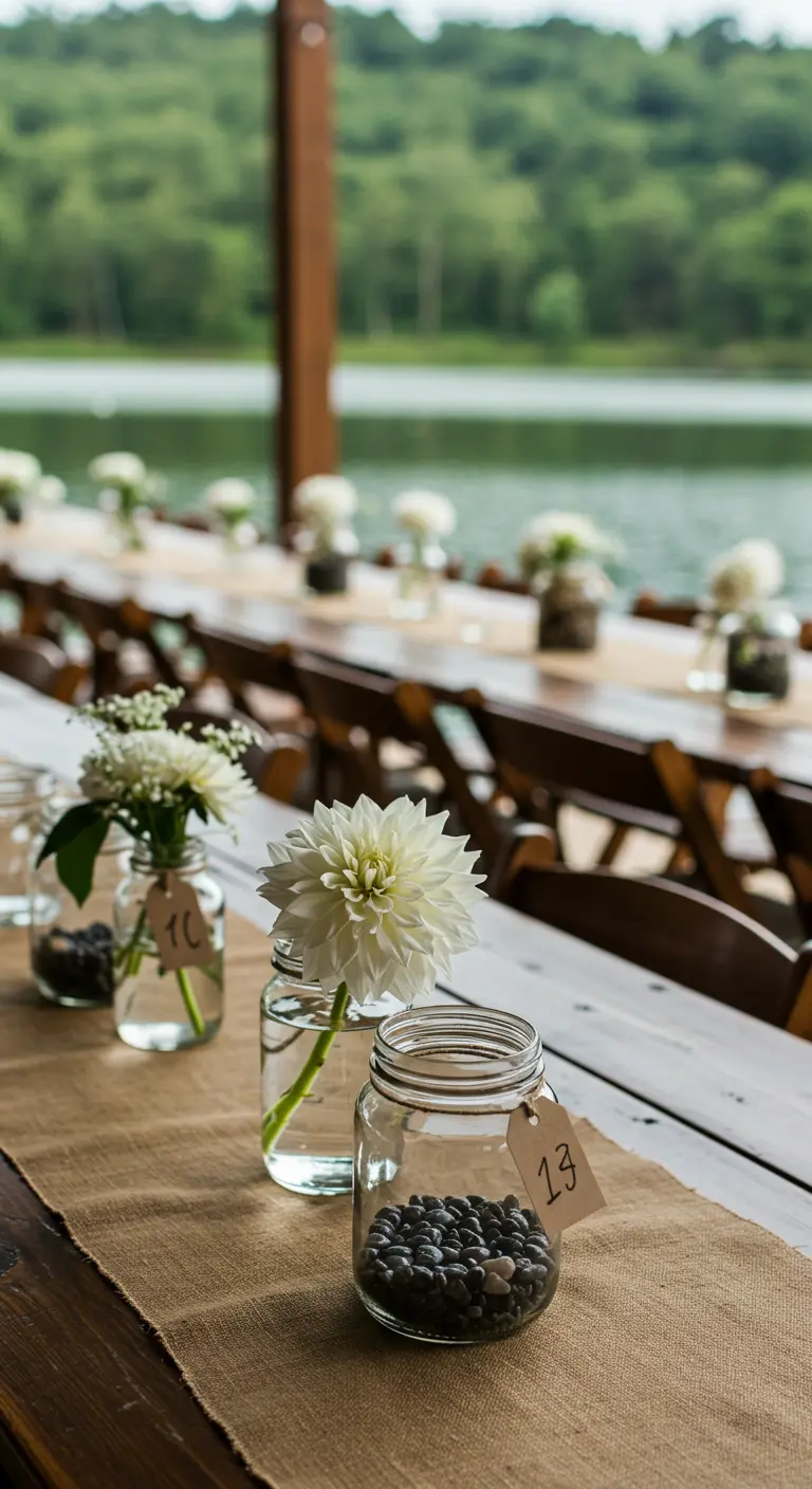 Tarros de cristal con guijarros y dalias blancas utilizados como números de mesa.