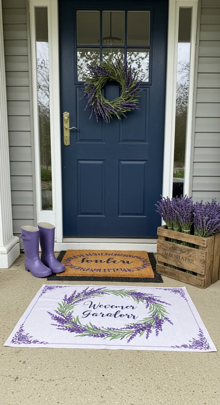 Decoración de entrada con lavanda plantada en una caja de madera y unas botas de agua a juego.