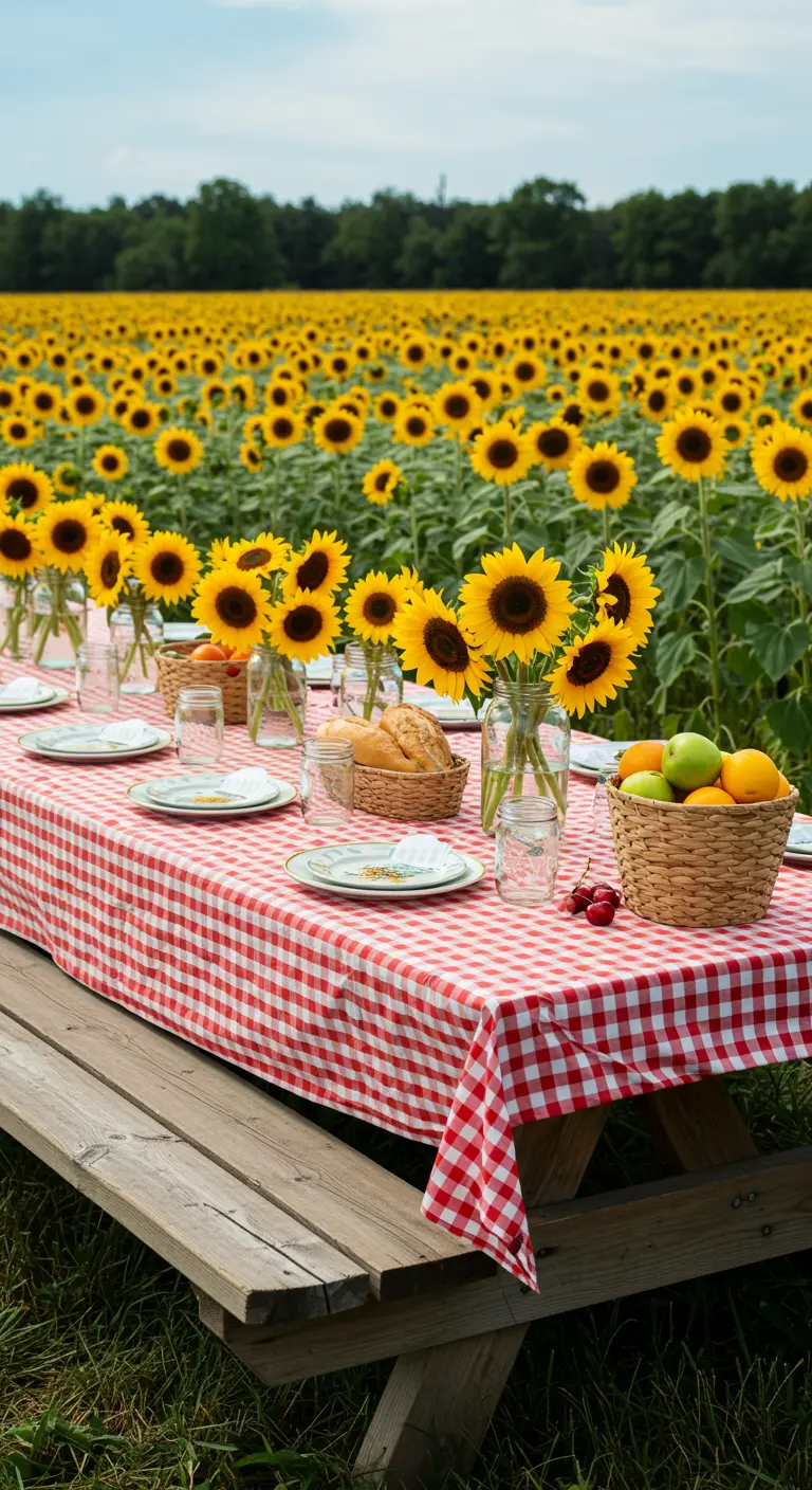 Mesa de picnic con mantel a cuadros rojos y blancos en un campo de girasoles.
