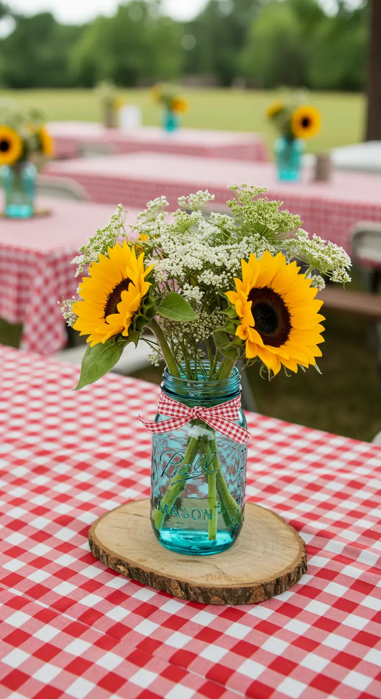Tarro de cristal azul con girasoles y un lazo de cuadros vichy en una mesa de picnic.
