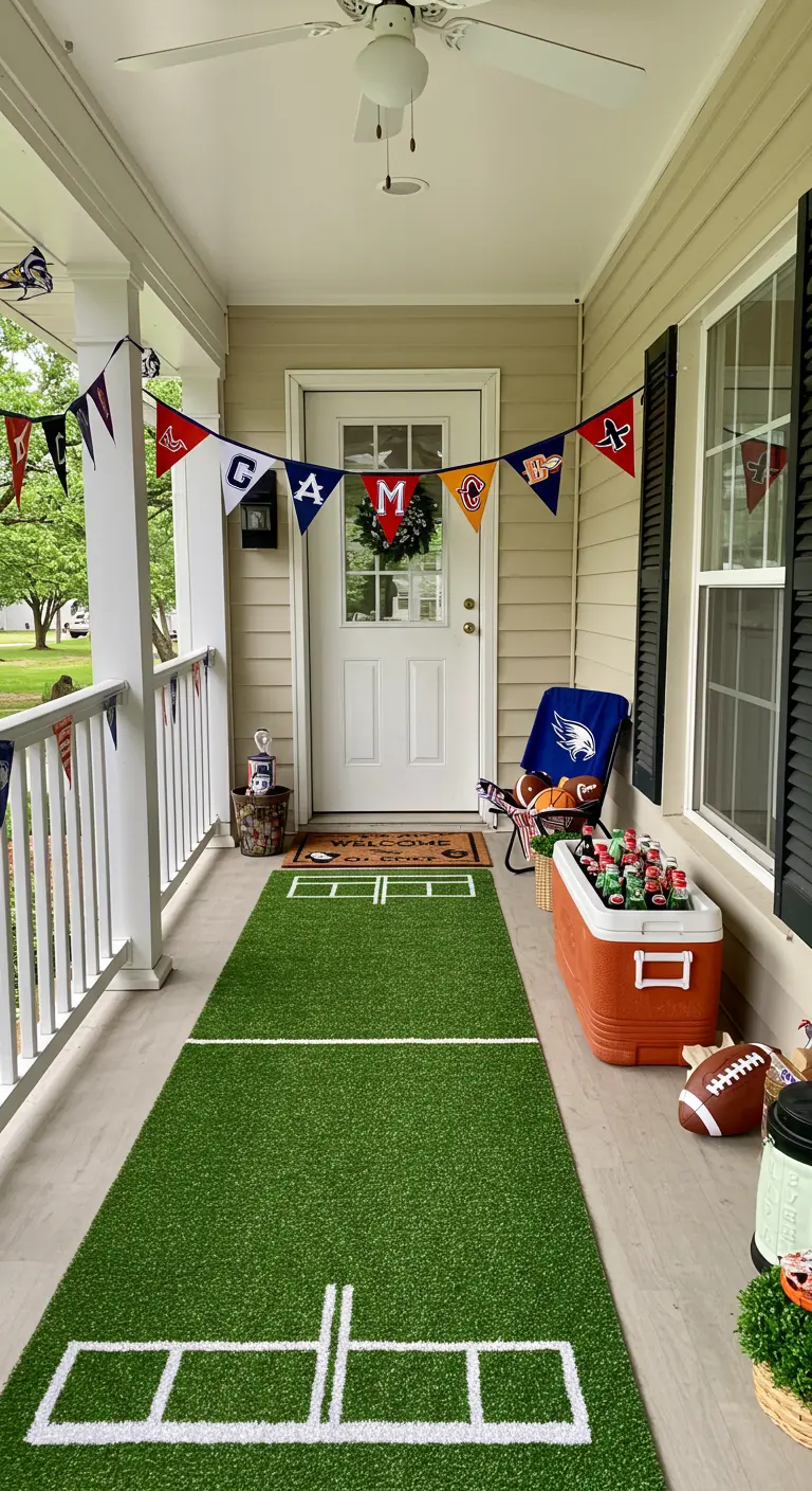 Porche decorado para una fiesta de cumpleaños de fútbol americano con césped artificial.