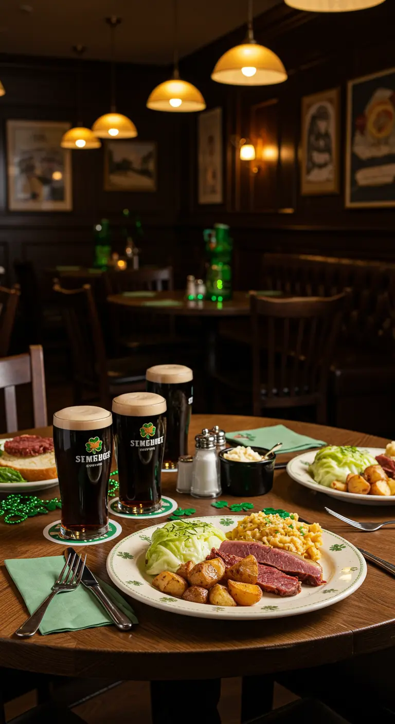 Plato de corned beef y repollo con pintas de cerveza stout en una mesa de pub.