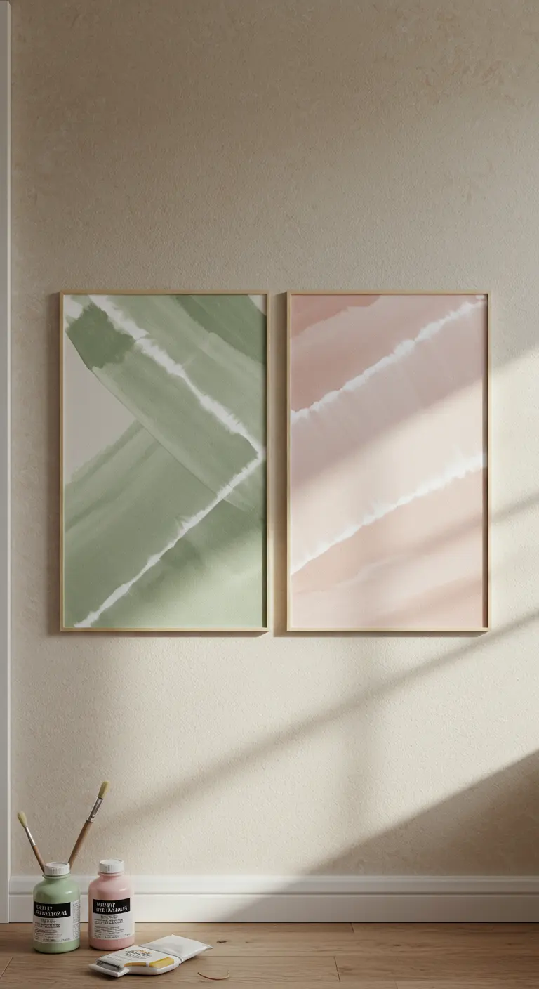 Dos cuadros enmarcados con pinceladas diagonales en verde y rosa pastel.