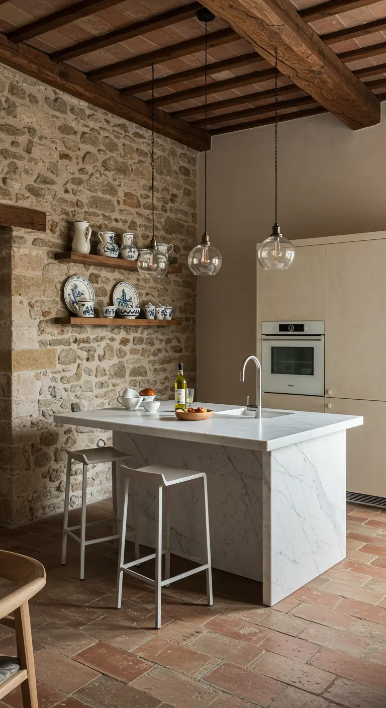 Cocina con pared de piedra, isla de mármol blanco y lámparas colgantes modernas.