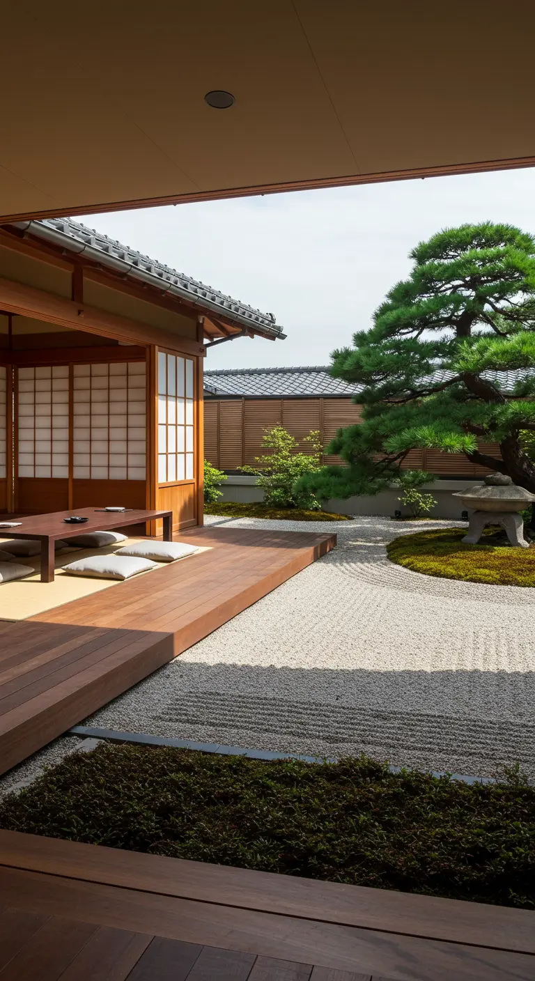 Jardín japonés con tarima de madera, zona de grava rastrillada y un gran pino.