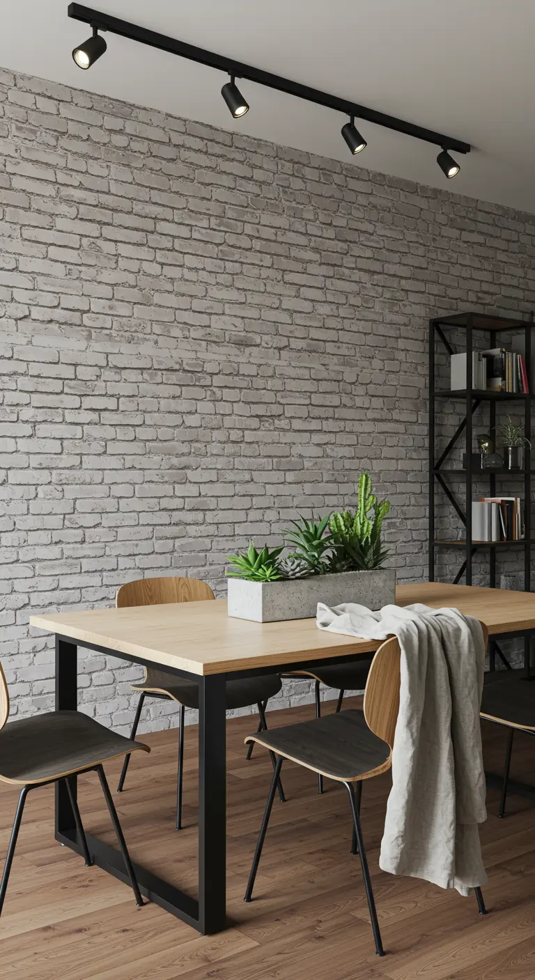 Comedor de estilo industrial con pared de ladrillo, mesa de madera y metal, y focos en el techo.