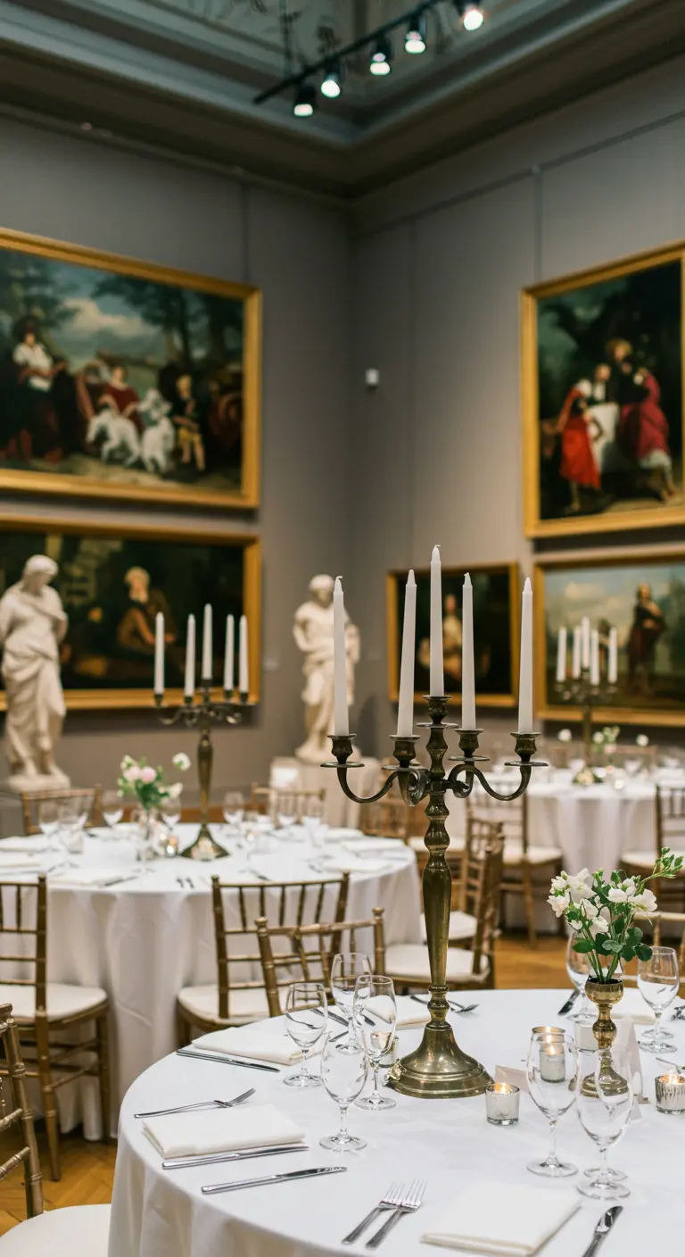 Recepción de boda en una galería de arte, con candelabros de bronce en las mesas.