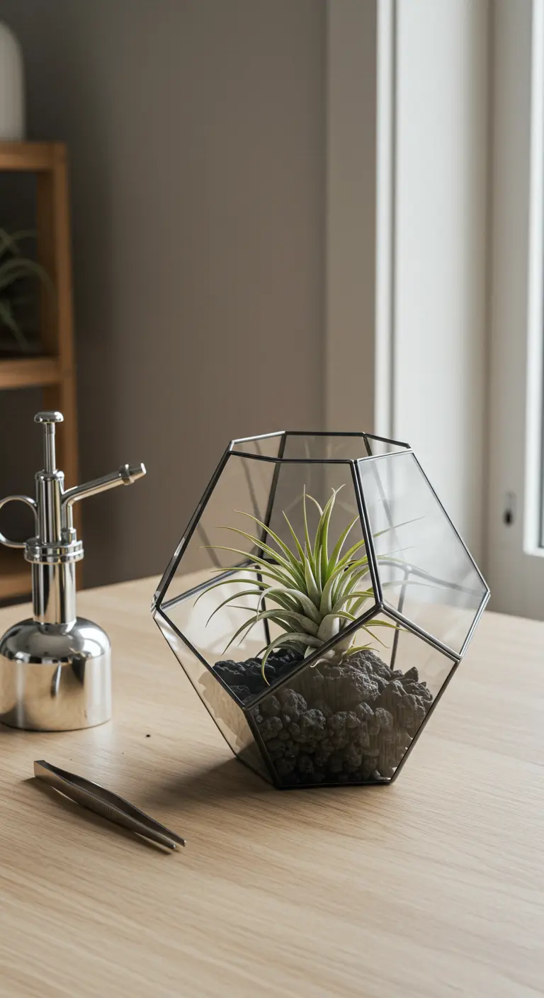 Un terrario de cristal con forma geométrica y bordes negros, con una planta de aire sobre roca de lava.