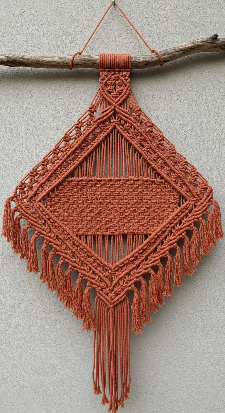 Tapiz de macramé en color terracota con forma de diamante y flecos en los laterales.