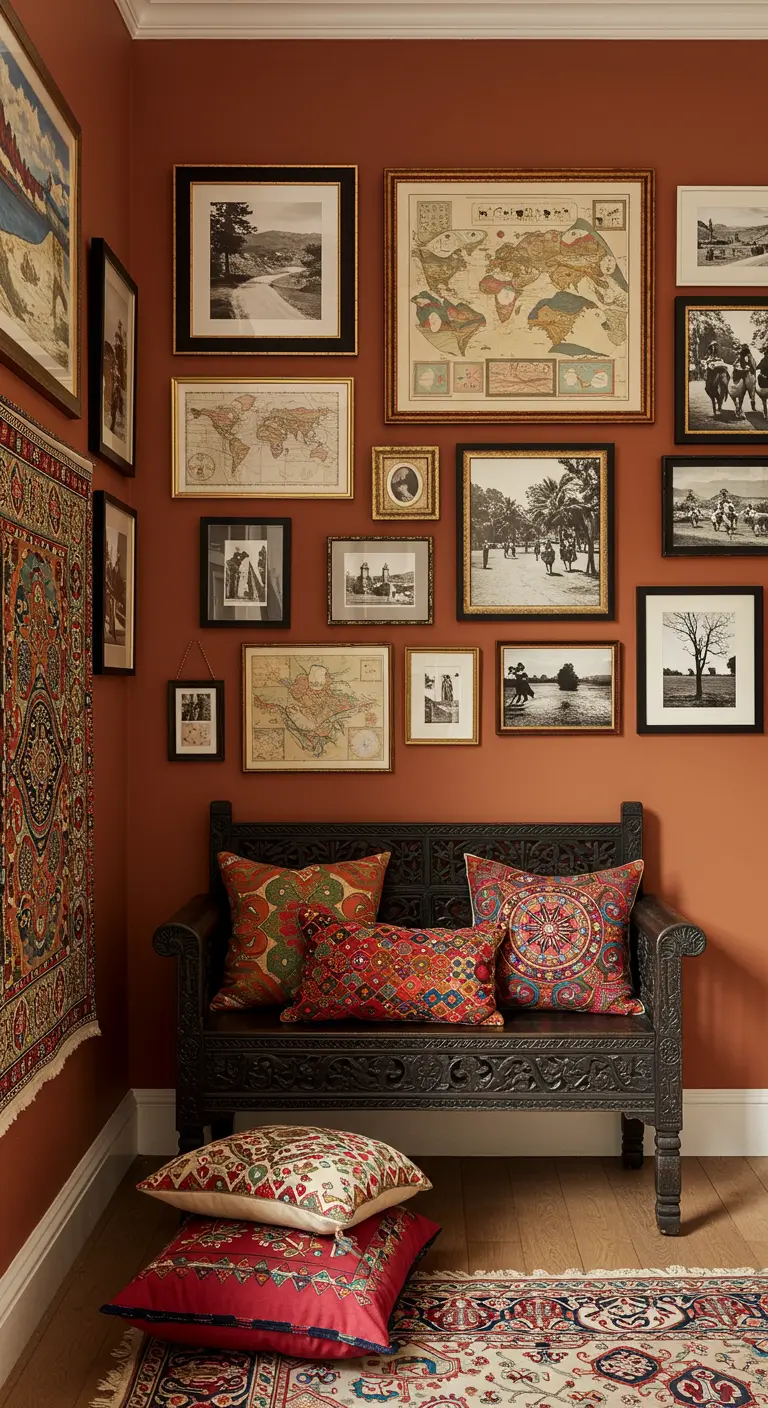 Rincón de viajero con pared terracota, banco tallado y una colección de mapas y fotos antiguas.