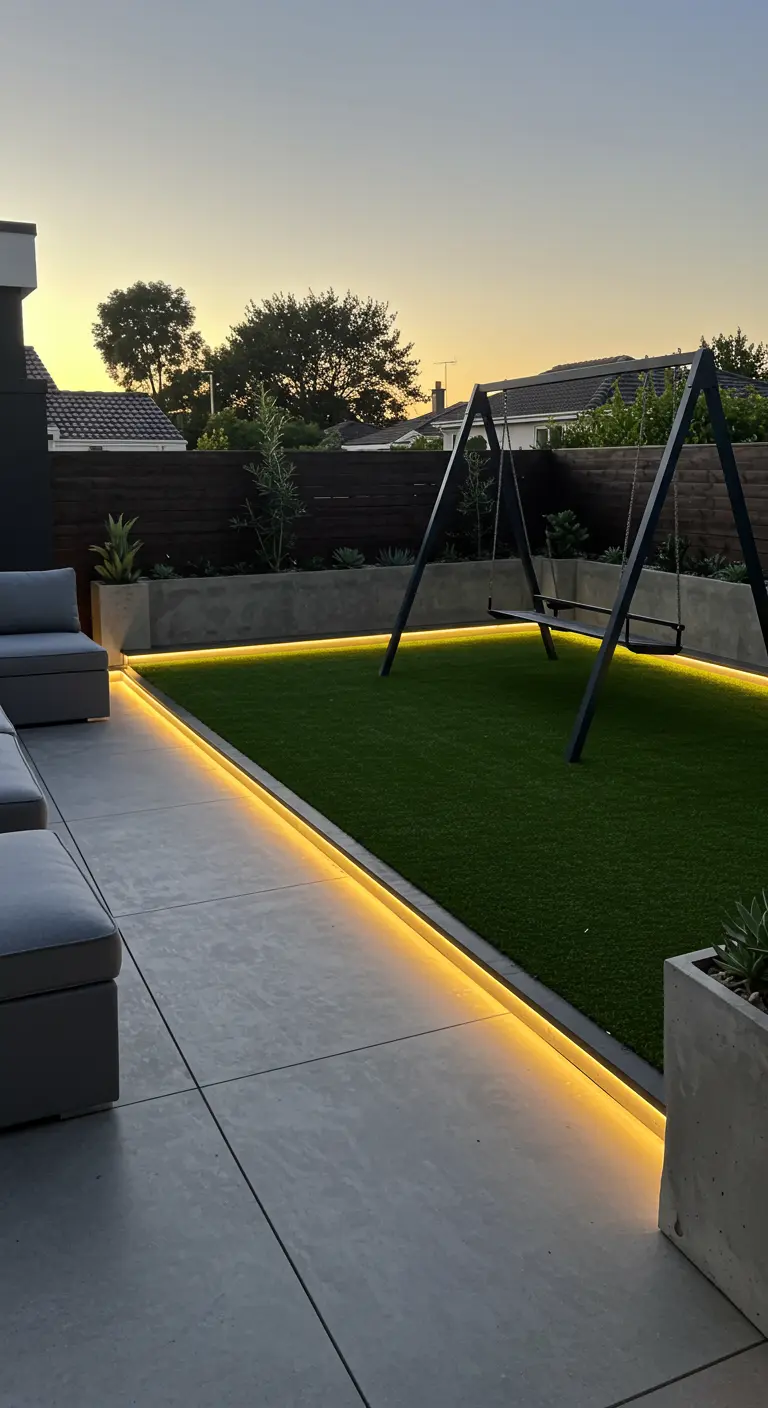 Patio moderno con césped artificial y columpio, iluminado con tiras LED al atardecer