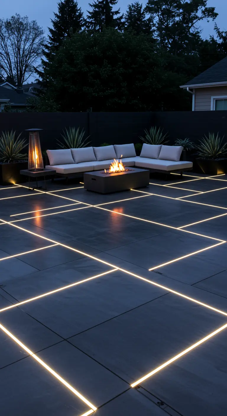 Patio moderno con tiras LED cálidas formando una cuadrícula geométrica en el suelo oscuro.