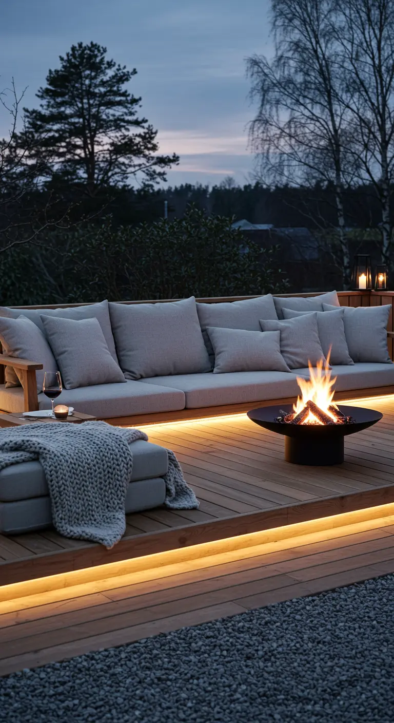 Sofá bajo de madera en una tarima con iluminación LED integrada y un brasero negro en el centro.
