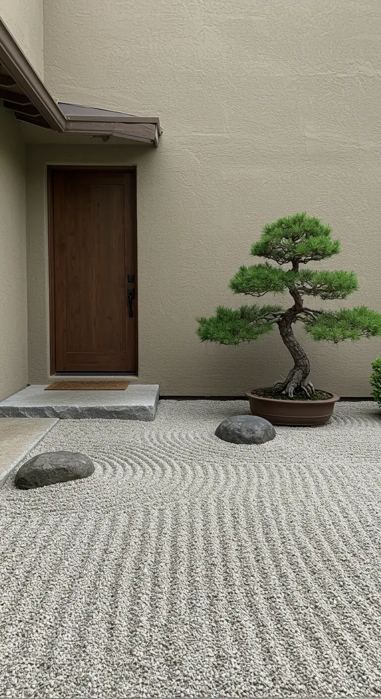 Jardín seco zen con arena rastrillada, un bonsái y piedras lisas.