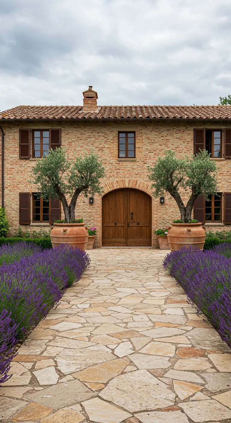 Camino de lajas de piedra que lleva a una casa de ladrillo, flanqueado por lavanda y olivos.