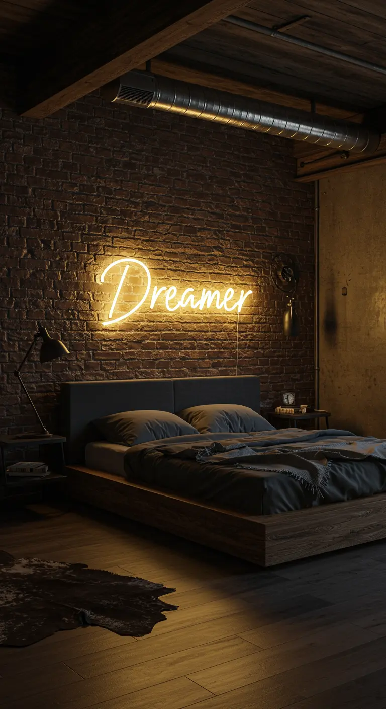 Letrero de neón con la palabra 'Dreamer' en una pared de ladrillo de un dormitorio industrial.